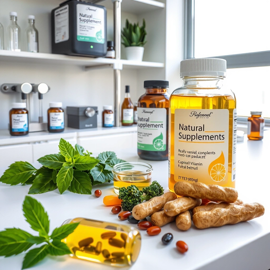 Natural supplements laboratory with herbs and vitamins